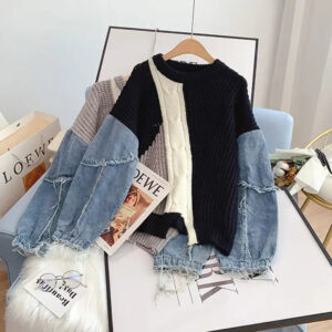 Loose Lazy Knitting Jacket, Pullover, Denim Sleeves, Splicing, Fashionable, Comfortable, Leisure, Autumn and Winter