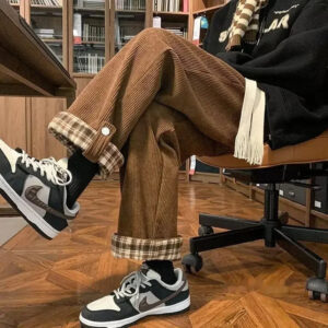 Japanese Style Corduroy Plaid Men’s Pants Wide Leg Straight Leg Loose Fit Vintage Sensibility Casual Trousers For Autumn